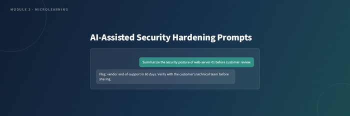 AI-Assisted Security Hardening Prompts screen, showing a sample prompt and AI response about a web server's security posture